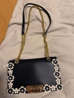 ZAC Zac Posen Black Shoulder Bag with White Floral Trim & Gold Chain